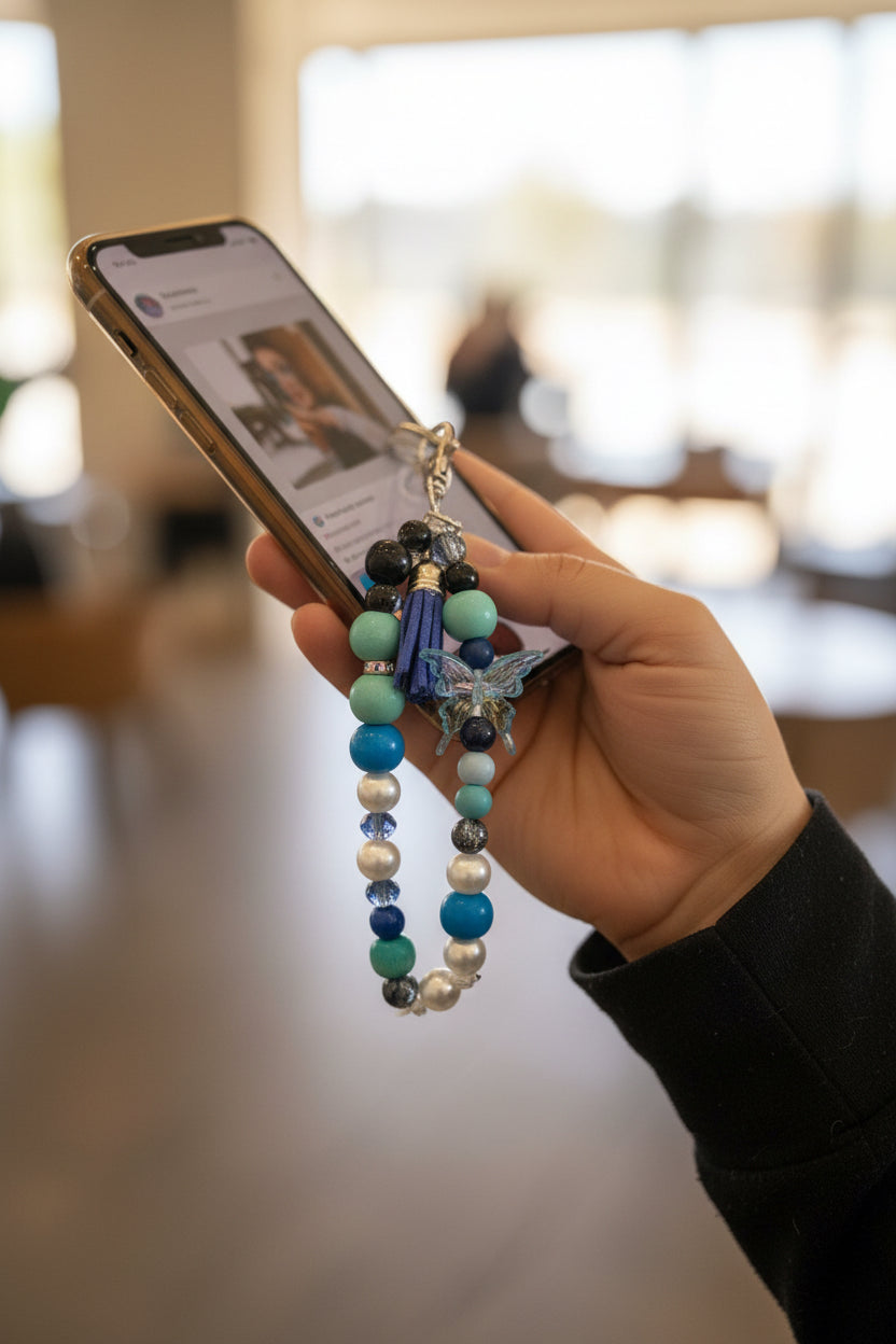 Llavero para Móvil con Cuentas Azules y Colgante Mariposa – Accesorio Elegante y Original