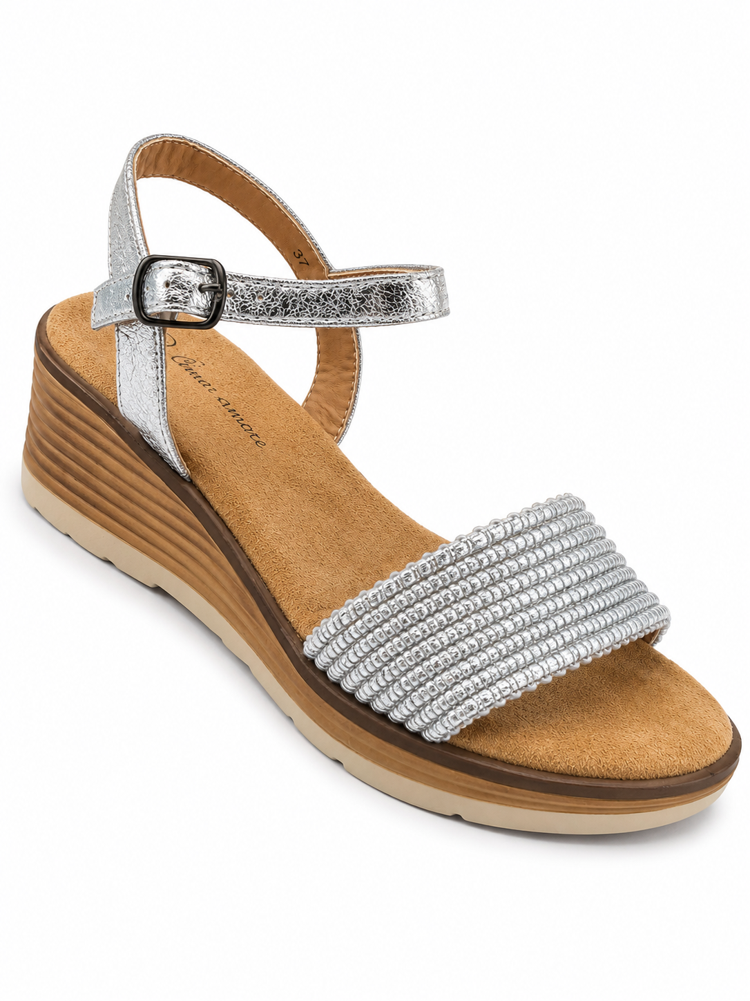 Sandalia de Cuña con Tiras de Cuentas Brillantes – Plata HT302