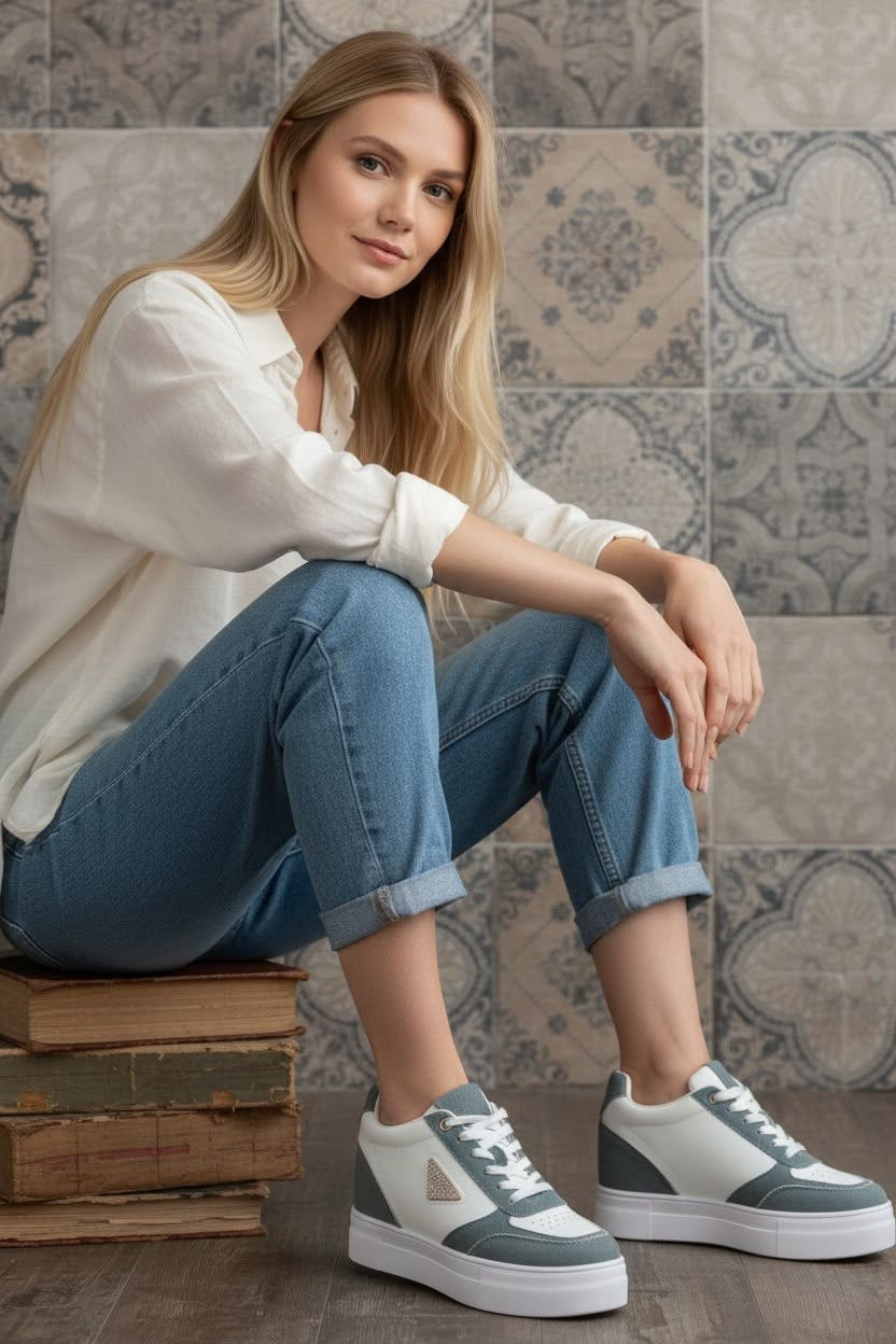 Deportiva Mujer con Cuña Interior y Plataforma – Gris y Blanco C666