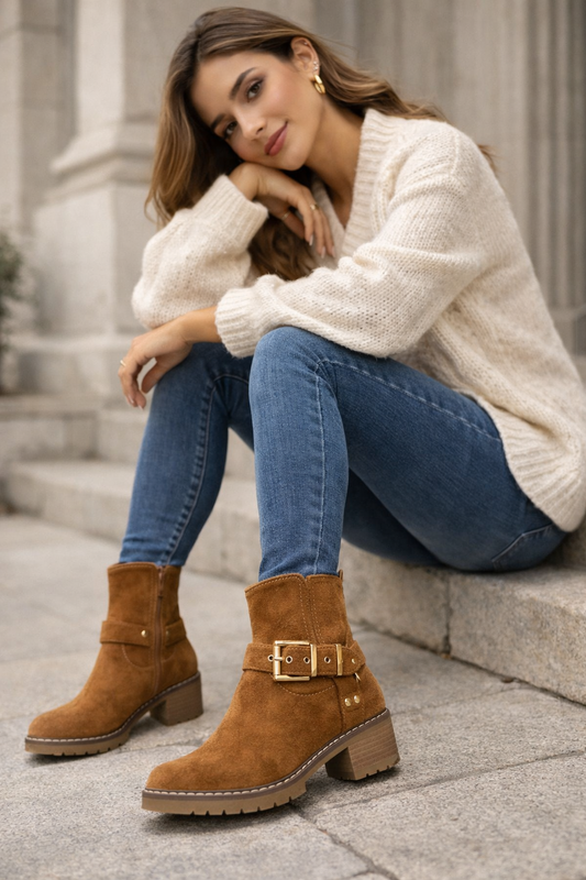 Botín Camel con Hebilla Dorada y Tacón Medio – Cómodo y Elegante
 168-3