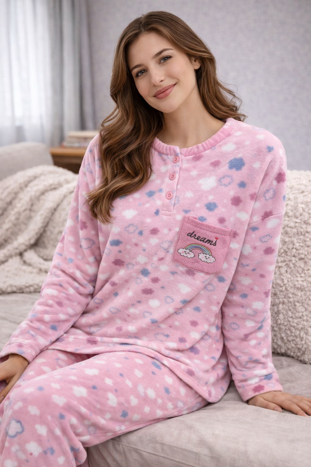 Pijama Polar Mujer Rosa Dreams con Estampado de Nubes – Extra Suave y Calentito F9650