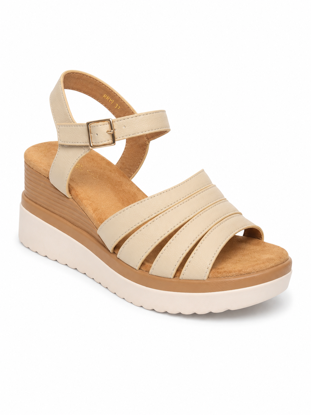 Sandalia de cuña beige con plataforma y tiras cruzadas para mujer RR11