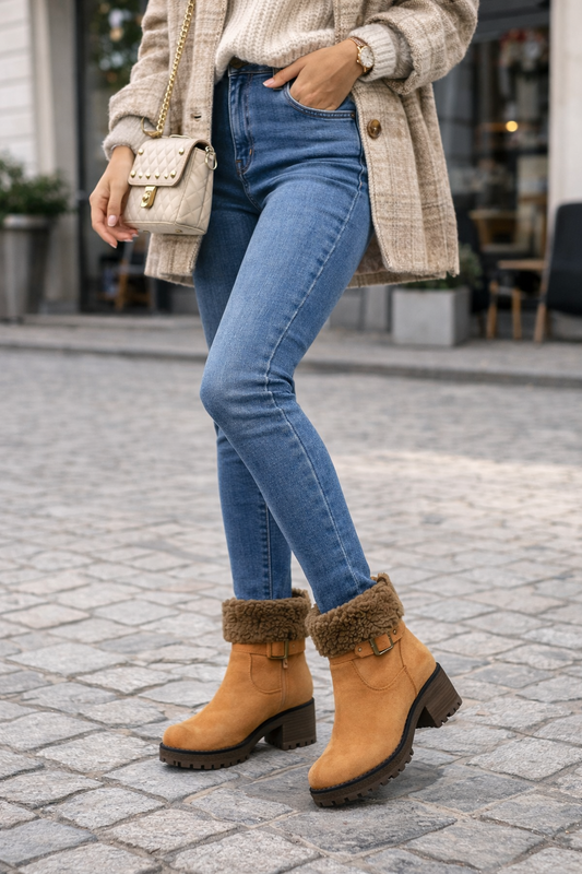 Botín Camel con Borreguito y Tacón Track – Botín Invierno Mujer 58-08