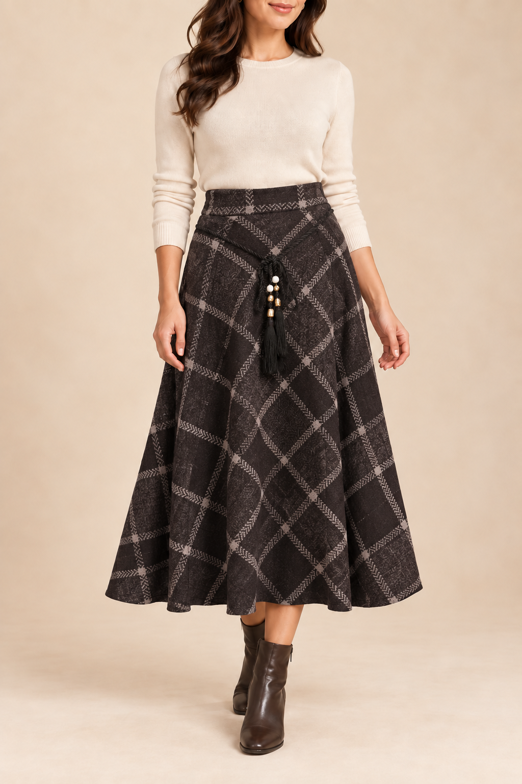 Falda midi de cuadros con cordón y borlas