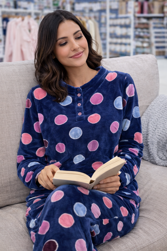 Pijama Polar de Mujer Rosa con Lunares – Suave, Cálido y Súper Cómodo para Invierno 2523