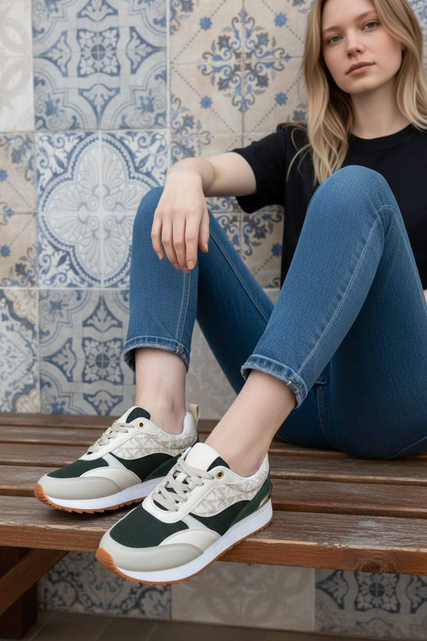 Deportiva Mujer Casual Verde y Beige con Detalles Dorados B-670