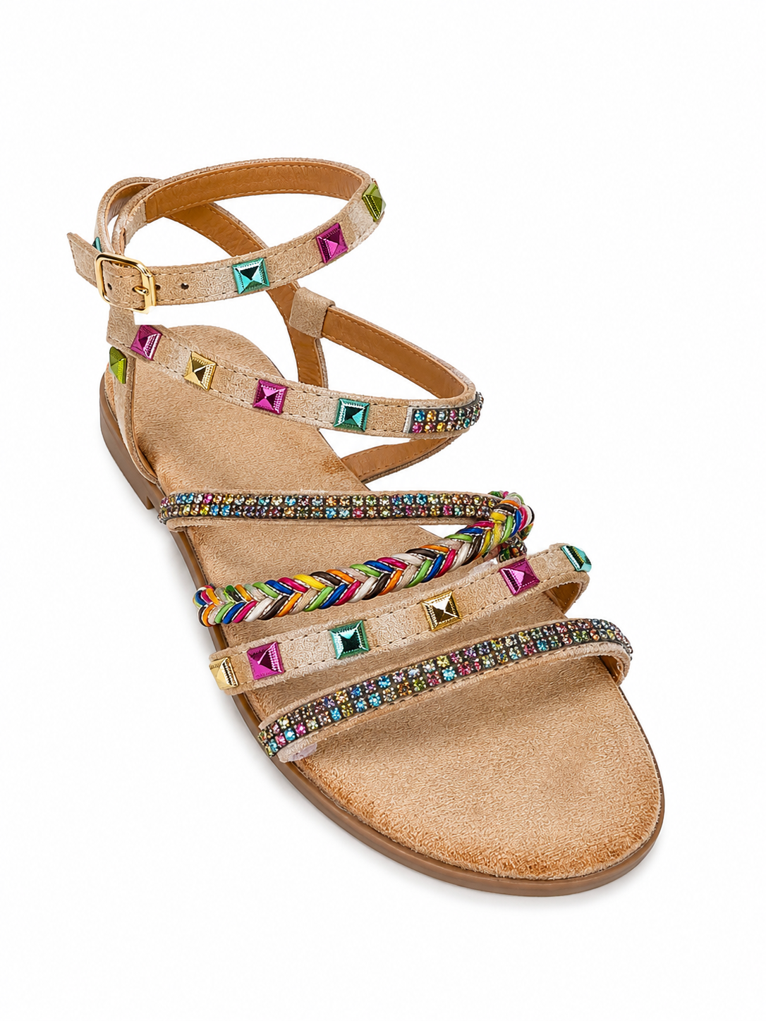 Sandalia Plana Multicolor con Pedrería y Tiras Decorativas
 333-305