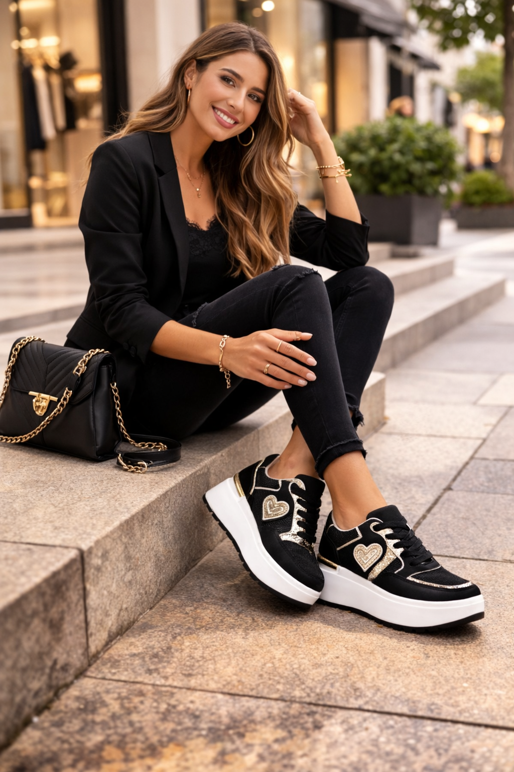 Zapatilla Negra Plataforma con Corazón Glitter – Deportiva Mujer Casual Elegante G1024