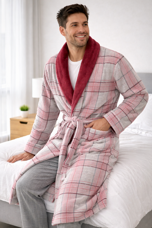 Bata de Casa Polar Cuadros Rosa y Gris – Súper Suave y Cálida para Invierno 1095