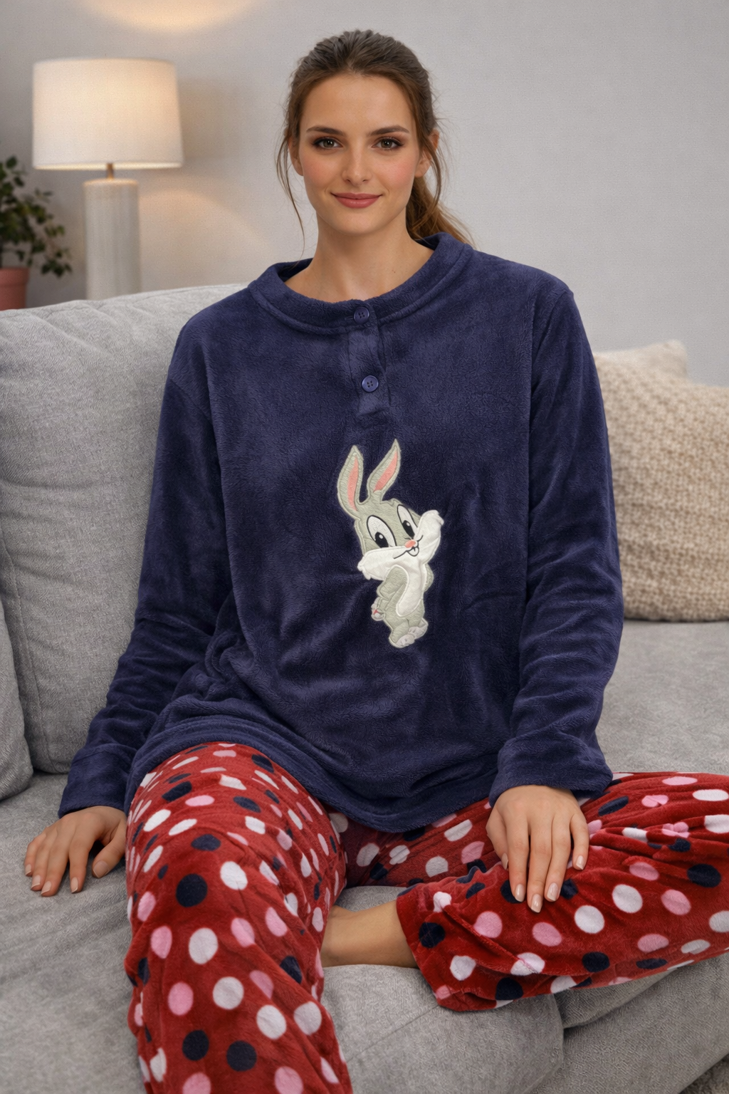 Pijama de Mujer Polar Rosa con Conejito – Conjunto de Invierno Suave y Calentito H2320