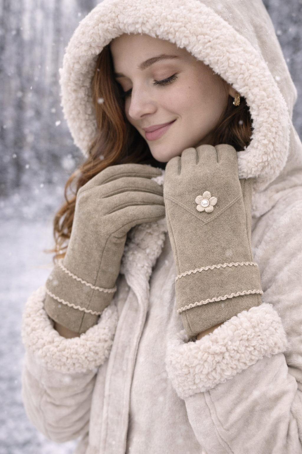 Guantes de Invierno Elegantes con Flor Decorativa – Suaves, Cálidos y Cómodos