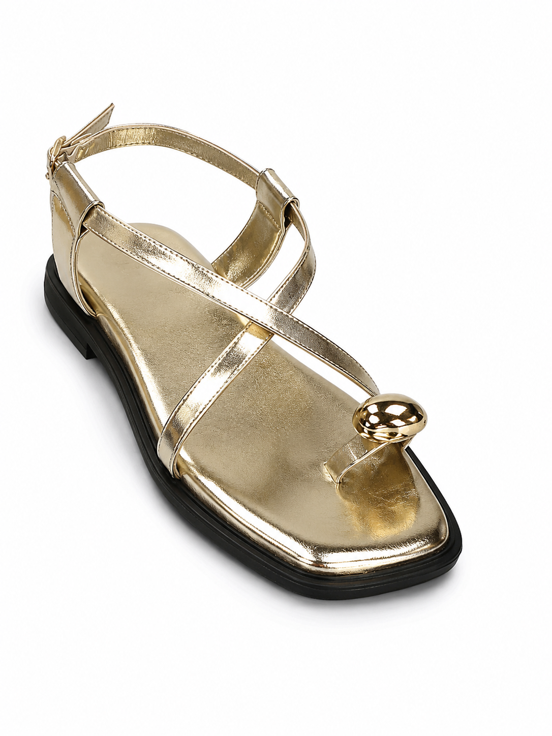 Sandalia Plana de Tiras Cruzadas Metalizada – Oro y Negro 98-278