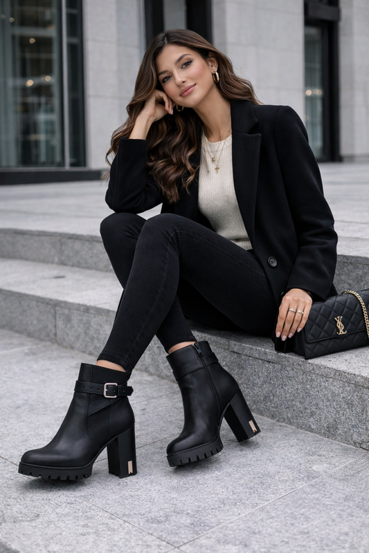 Botín Negro Tacón Medio con Hebilla – Plataforma y Suela Track Elegante Mujer 2580