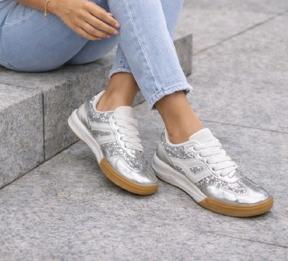 Zapatilla Silver con Lentejuelas – Deportiva Mujer Brillo Casual Elegante G1008