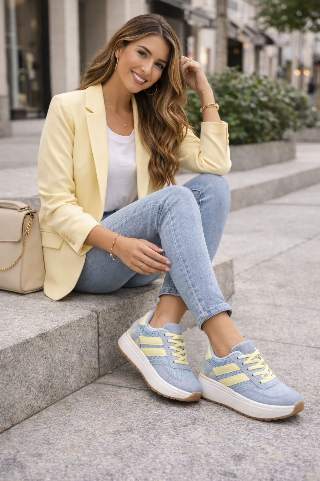 Zapatilla Retro Azul y Amarilla Mujer – Deportiva Casual Primavera Verano BF5058