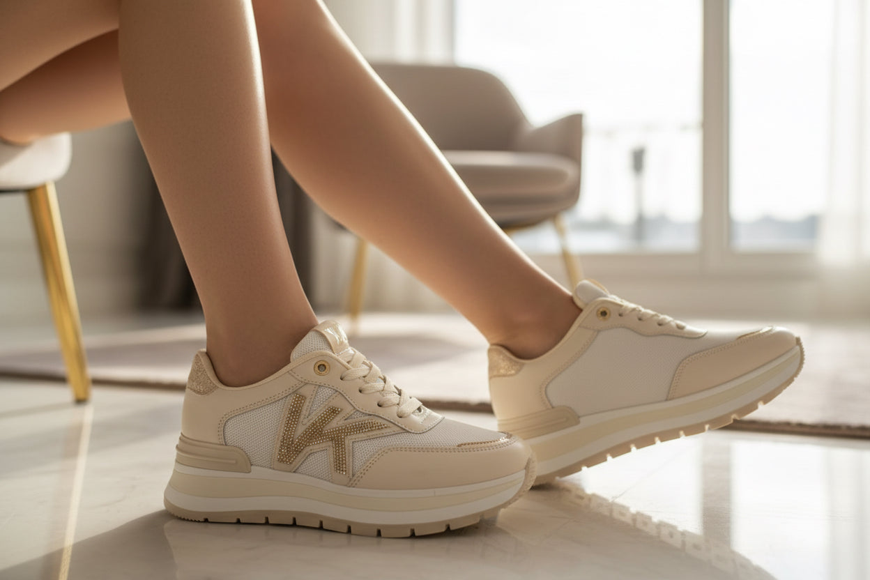 Deportiva Mujer Plataforma Beige con Detalles Dorados JS180B