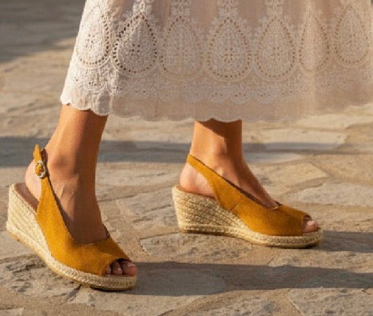 Sandalias Cuña Esparto Mujer Mostaza – Alpargatas Plataforma Verano Cómodas YX-7