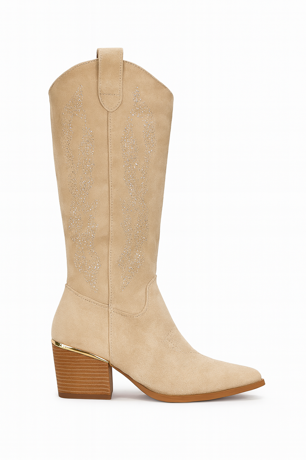 Bota Cowboy Beige con Tacón Cuadrado y Detalles Brillantes – Modelo Elegancia Western AA8A-X2088-20