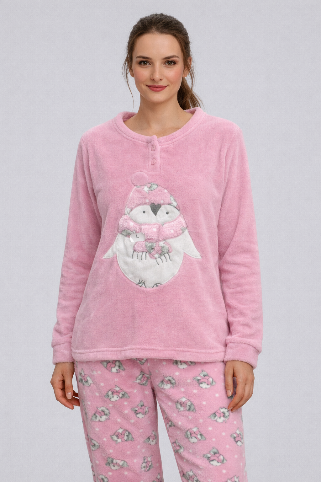 Pijama Polar de Mujer Rosa con Pingüino – Conjunto de Invierno Suave y Calentito IP22848