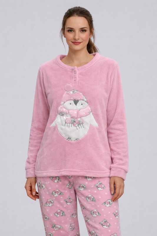 Pijama Polar de Mujer Rosa con Pingüino – Conjunto de Invierno Suave y Calentito IP22848
