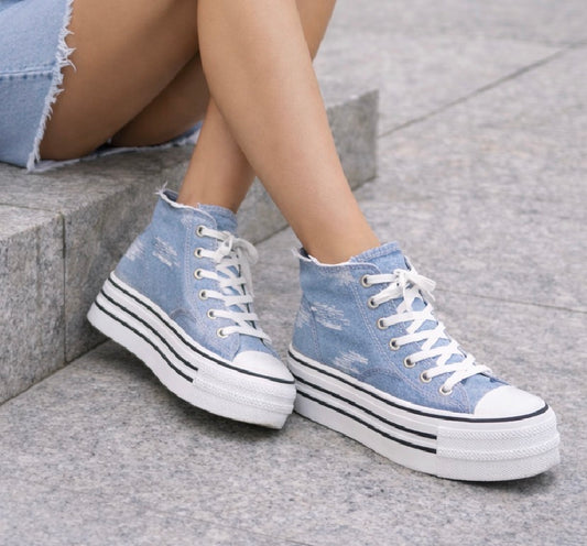 Zapatilla Denim Plataforma Mujer – Deportiva Azul Casual Urbana JF6501