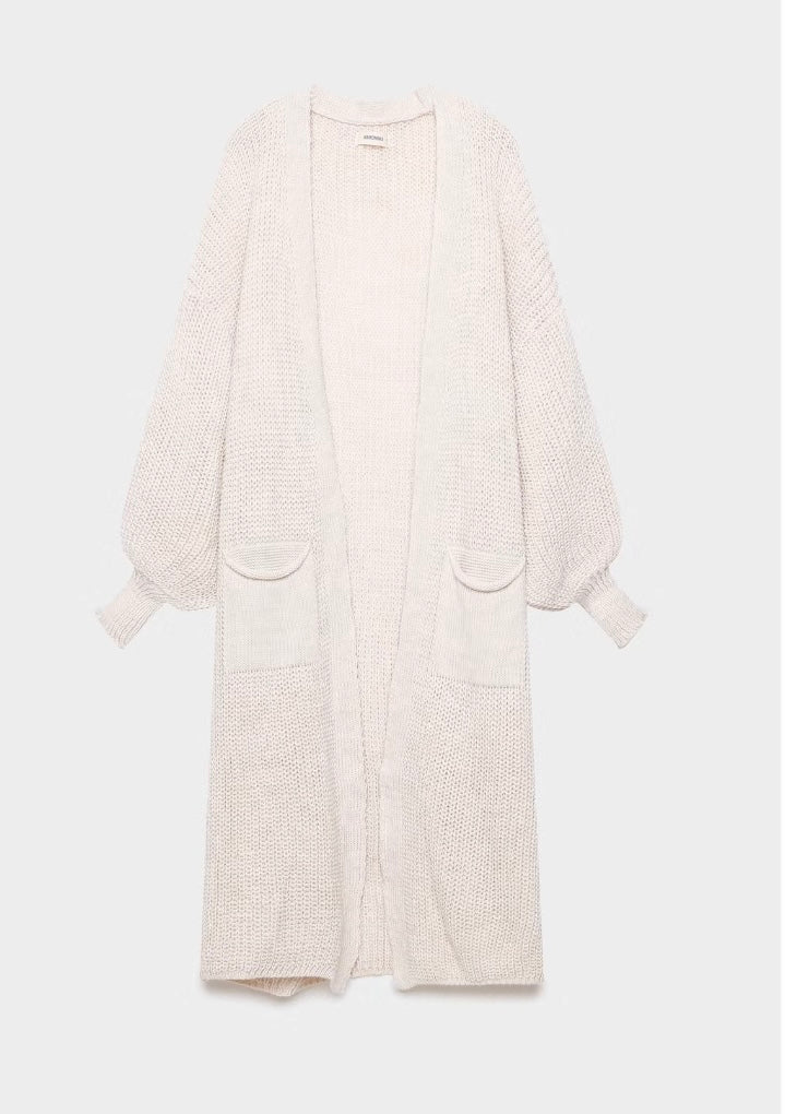 Cardigan largo de punto grueso teja  COD   2867 – con bolsillos y manga abullonada