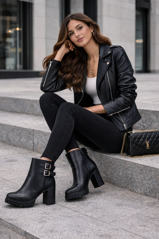 Botín Negro Tacón Alto con Hebillas Plateadas – Plataforma y Suela Track Elegante M711