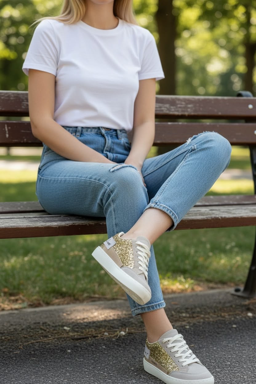 Deportiva Mujer Glitter Dorado con Detalles Beige 9558