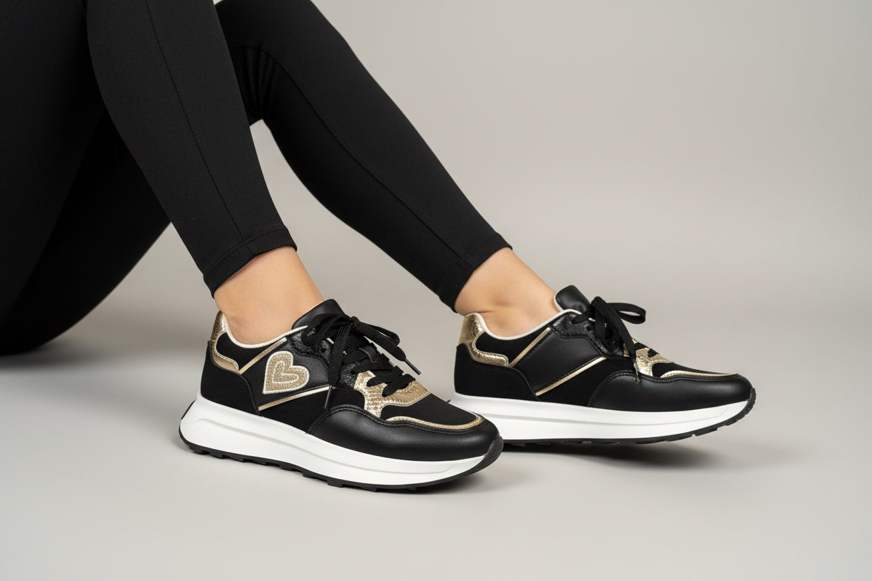 Zapatilla Negra Plataforma con Corazón Glitter – Deportiva Mujer Casual Elegante G1024