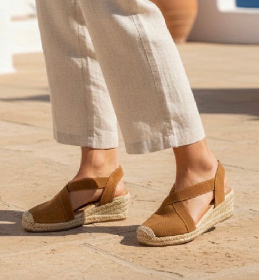 Sandalias Cuña Esparto Mujer Camel – Alpargatas Plataforma Verano Cómodas YJ-18