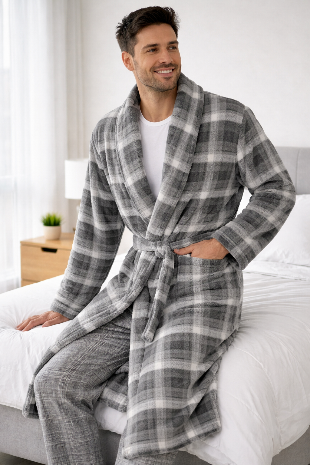 Bata de Hombre Polar a Cuadros Gris – Albornoz Invernal Súper Suave y Calentito 2210