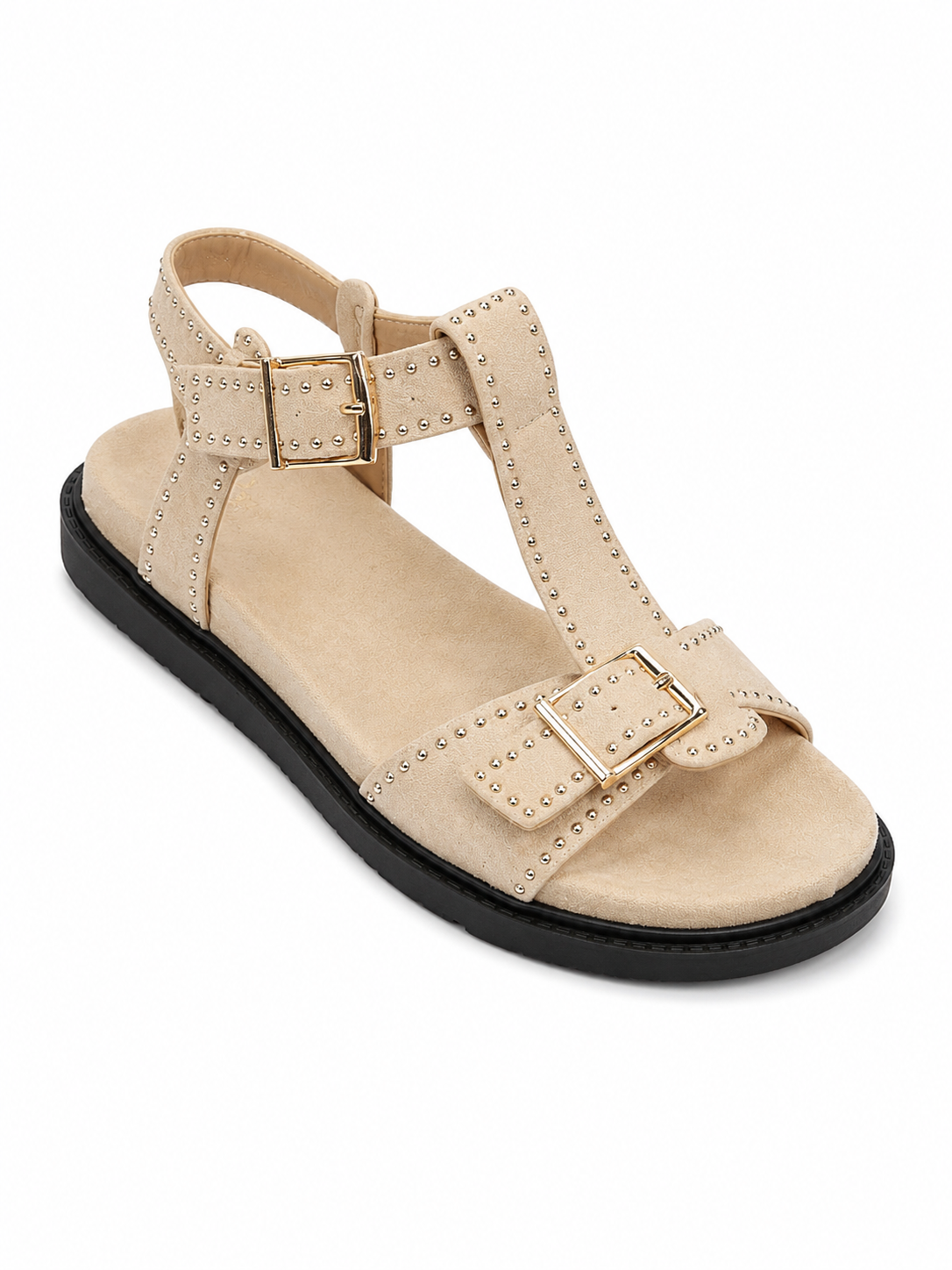 Sandalia plana con hebillas y tachuelas decorativas para mujer | Beige y Marrón 9696