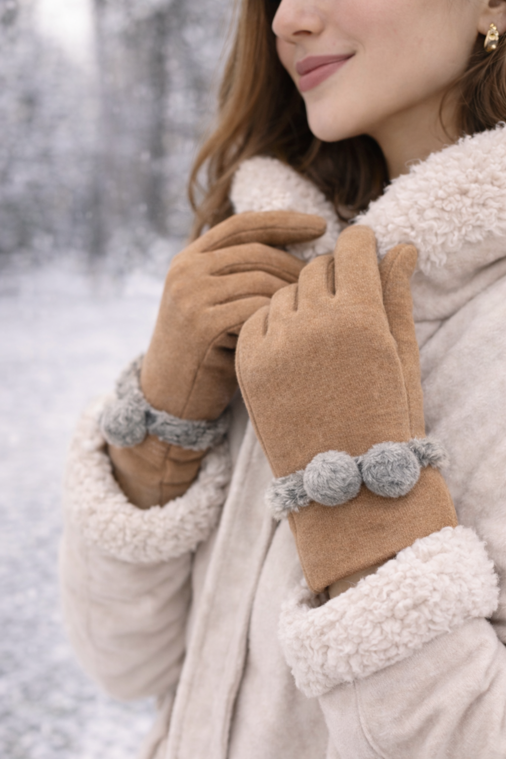 Guantes de Mujer Abrigados con Pompón Fijo – Suaves, Elegantes y Cómodos