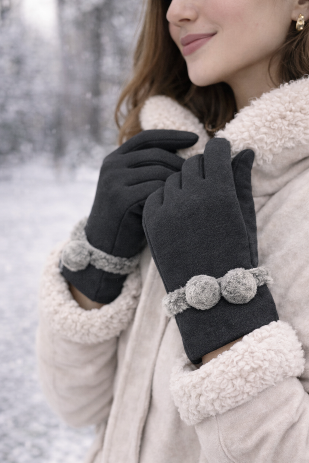Guantes de Mujer Abrigados con Pompón Fijo – Suaves, Elegantes y Cómodos