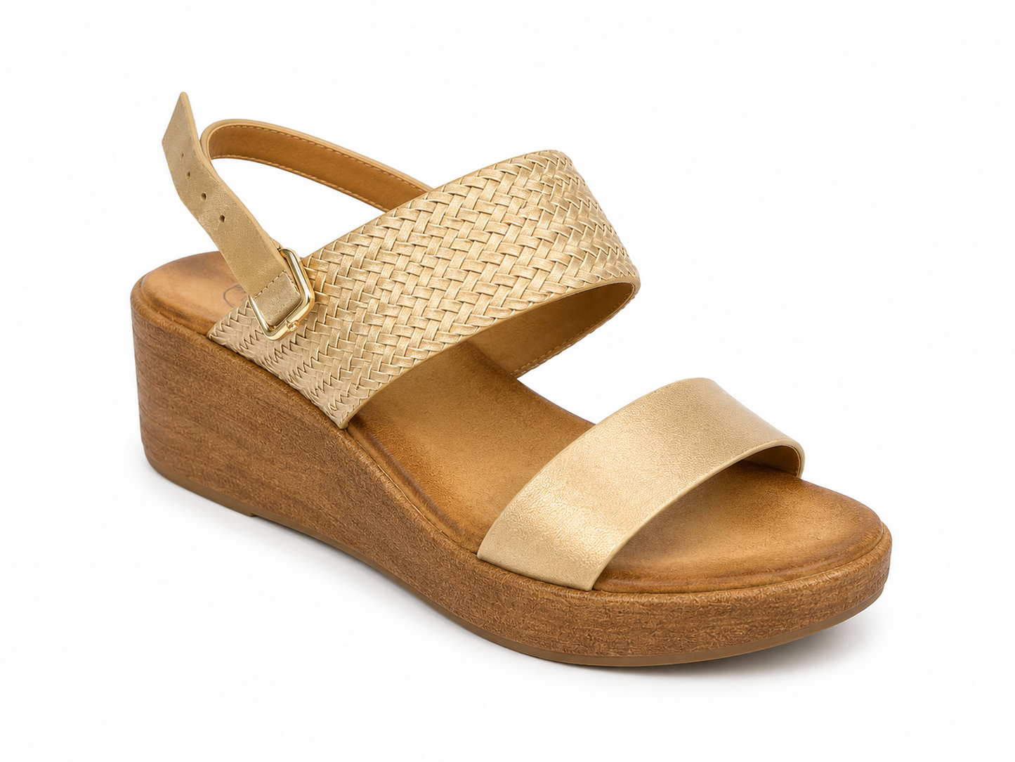 Sandalia de cuña confort beige con detalle trenzado
