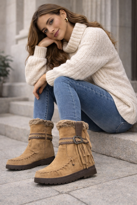Botín Camel de Serraje con Flecos y Hebilla – Estilo Boho Chic SV-S8AX12836-1
