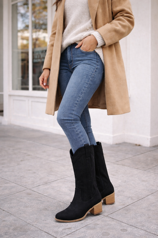 Botas cowboy negras de caña media con tacón cómodo R-10