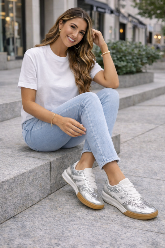 Zapatilla Silver con Lentejuelas – Deportiva Mujer Brillo Casual Elegante G1008