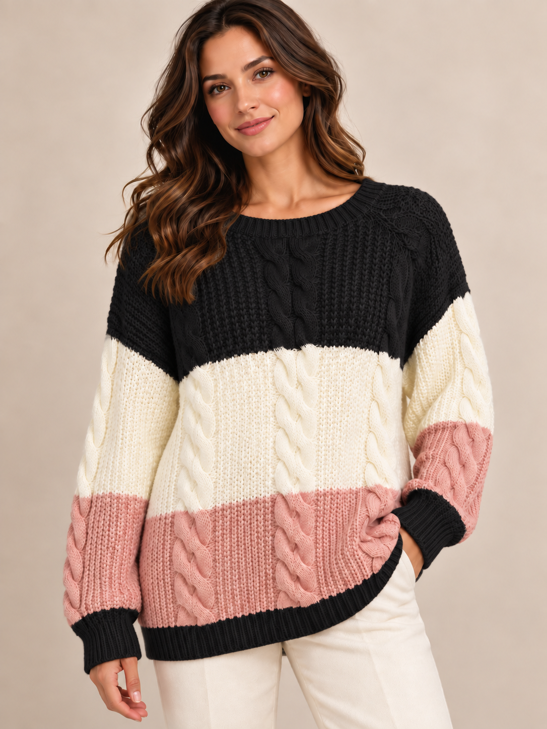 Jersey de punto trenzado en bloques de color