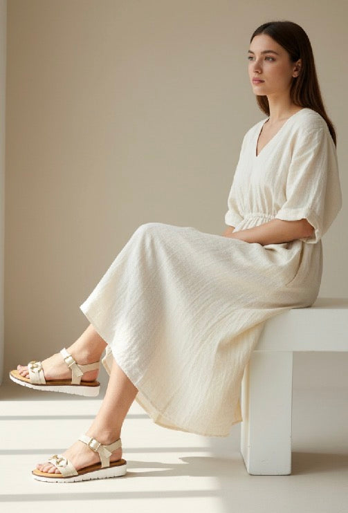 Sandalias Plataforma Beige con Hebillas Doradas – Elegantes y Cómodas para Mujer
 F230-8
