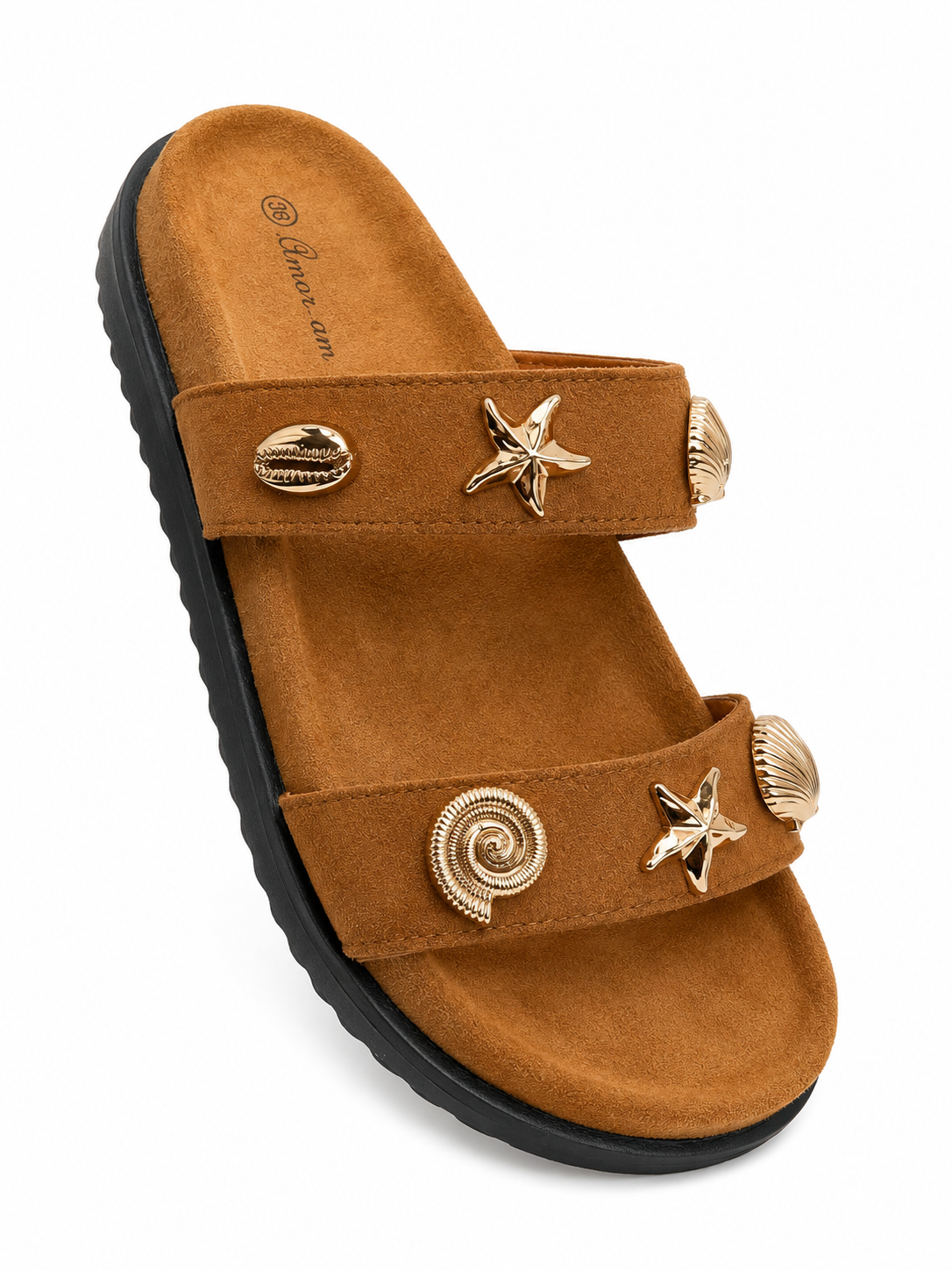 Sandalia Plana Marina con Detalles Dorados – Camel y Verde HT349