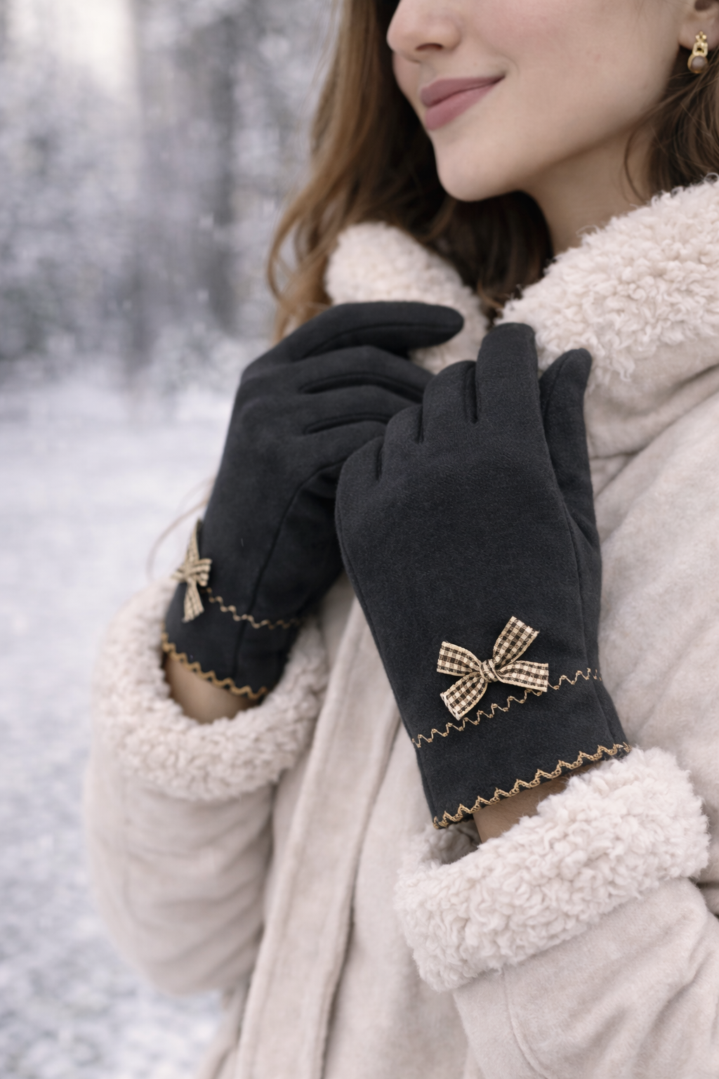 🖤 Guantes de Invierno Negros Elegantes con Lazo Decorativo