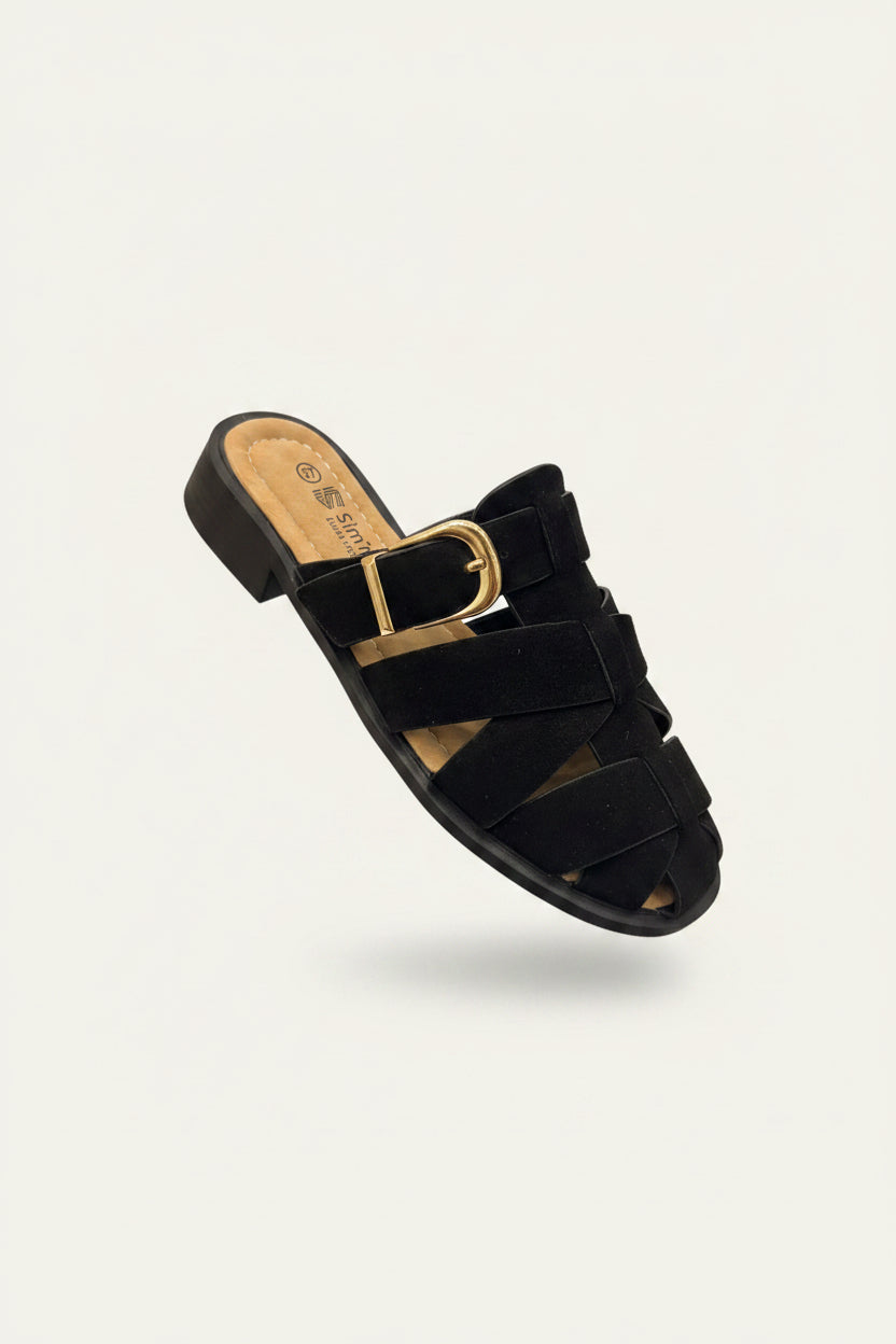 🖤 Sandalia Pala Negra con Hebilla Dorada – Elegancia Casual y Máximo Confort LL-5374-1