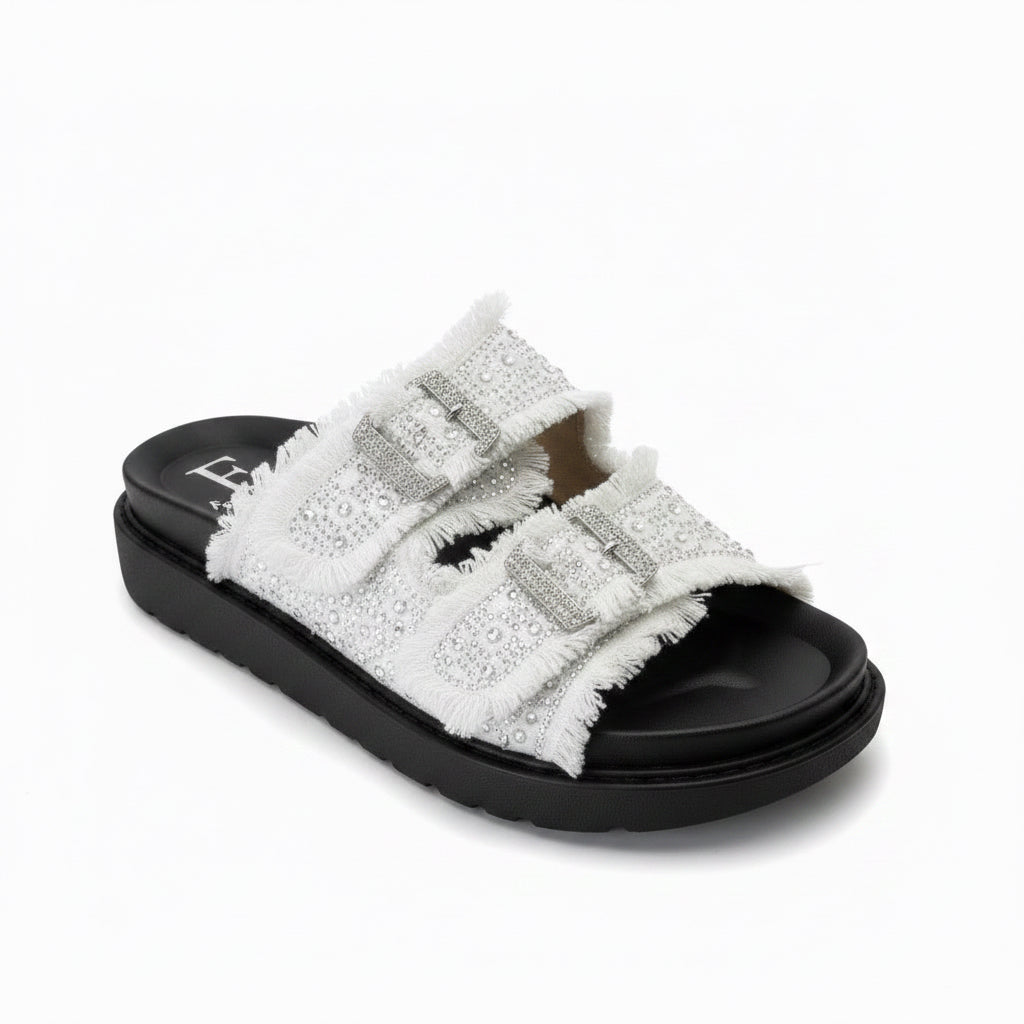 Sandalia Bio Blanca con Brillos y Doble Hebilla | Comodidad y Tendencia 7411-07