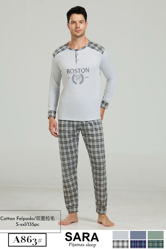 Pijama de Hombre “Boston” de Algodón Felpado – Cálido, Suave y Moderno 🩶
 A863