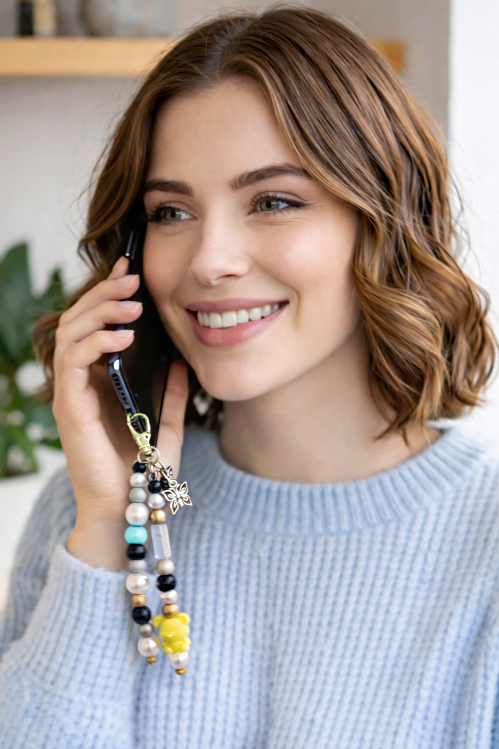 Llavero para Móvil con Cuentas Azules y Colgante Mariposa – Accesorio Elegante y Original