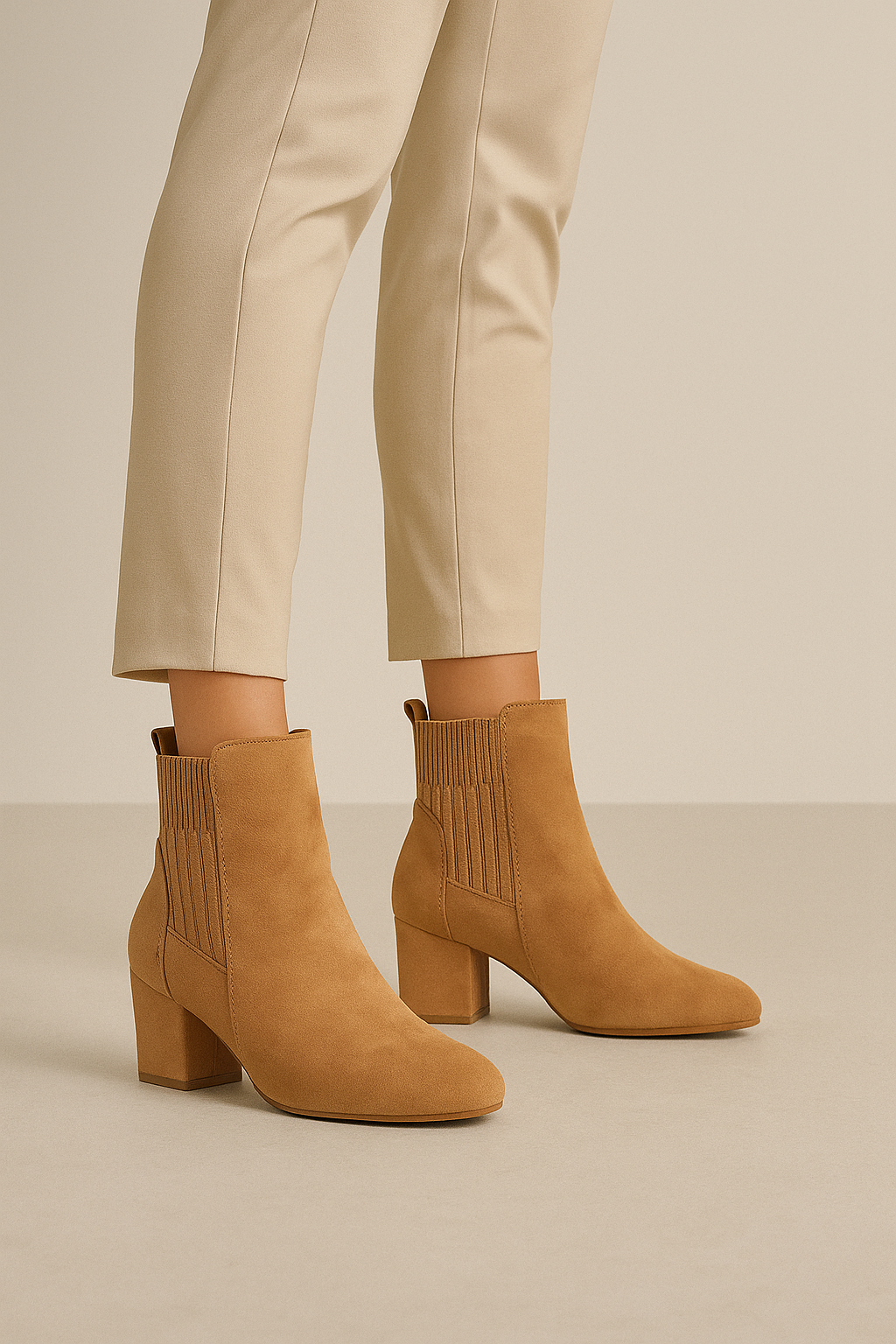 Botines Mujer con Tacón y Elástico Lateral | Suede Camel Elegante – Calzados P&P YZ22-10