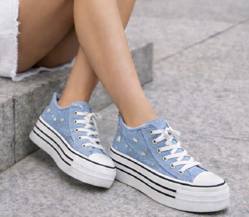 Zapatilla Denim Plataforma con Detalle Brillo – Deportiva Mujer Casual Chic JF6512