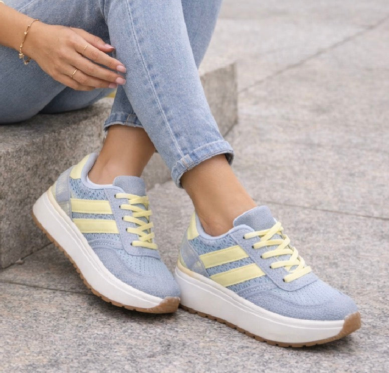 Zapatilla Retro Azul y Amarilla Mujer – Deportiva Casual Primavera Verano BF5058