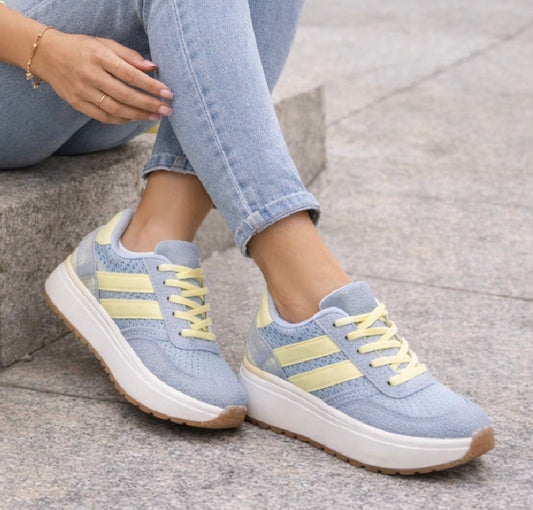 Zapatilla Retro Azul y Amarilla Mujer – Deportiva Casual Primavera Verano BF5058
